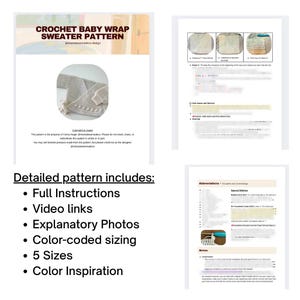 Puede incluir: Un documento de patr&oacute;n de ganchillo para un su&eacute;ter cruzado de beb&eacute; con el t&iacute;tulo CROCHET BABY WRAP SWEATER PATTERN, una foto de un su&eacute;ter color crema y una lista de caracter&iacute;sticas que incluye instrucciones, enlaces de video y 5 tallas.