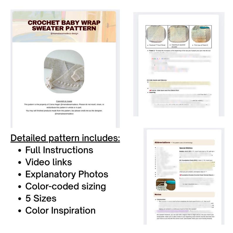 Puede incluir: Un documento de patr&oacute;n de ganchillo para un su&eacute;ter cruzado de beb&eacute; con el t&iacute;tulo CROCHET BABY WRAP SWEATER PATTERN, una foto de un su&eacute;ter color crema y una lista de caracter&iacute;sticas que incluye instrucciones, enlaces de video y 5 tallas.