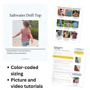 Op de afbeelding: Een digitaal haakpatroondocument getiteld Saltwater Drift Top voor kinderen. Het bevat een foto van een kind in een roze gehaakte top, een pagina met testerfoto's en een instructiepagina met tekst en kleurgecodeerde maatinformatie.