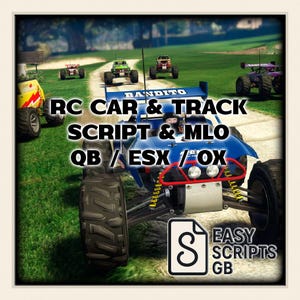 May include: A blue RC car with the text "BANDITO" on the spoiler, racing on a track. The image includes the text "RC CAR & TRACK SCRIPT & MLO QB / ESX / OX" and "EASY SCRIPTS GB". Other RC cars are visible in the background.