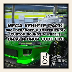 Pode incluir: Um carro esportivo verde com rodas pretas e um spoiler. A imagem inclui o texto "MEGA VEHICLE PACK!" e detalhes sobre sons personalizados, rodas e um arquivo de código de arrastar e soltar. O logotipo Easy Scripts GB também é visível.