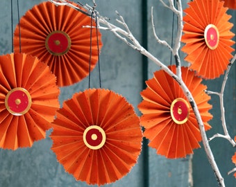 Bright Orange and Gold Paper Ornaments, 8 Festive Rosettes, One of a Kind and Handmade Holiday Ornaments