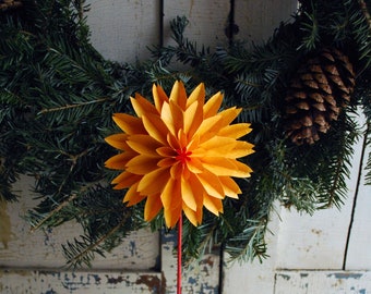 Saffron or Turmeric Golden Yellow Dahlias, 7 Paper Flowers Holiday Ornaments - One of a Kind Handmade Gift Set, Origami Paper Flowers