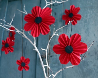 Ruby Red Poppy Ornaments, 6 Red Posies, Paper Flowers, Paper Ornaments, One of a Kind and Handmade Origami Flower Ornaments
