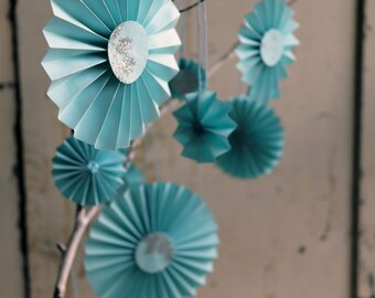 Sky Blue Paper Ornament Holiday Gift Set, 15 Origami Rosettes Ornaments with Glitter designs, Handmade and One of a Kind