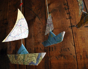 Paper Map Boat Garland, Paper Road Maps, Party Decor, 5 Fun Paper Boats with sails, Bon Voyage Ornament, Travel Decoration