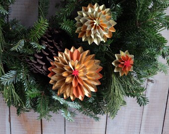 Art Deco Mustard & Orange Gold Paper Rosette Ornaments, 10 Spirit Money Paper Gold or First 'Paper' Wedding Anniversary Gift, One of a Kind