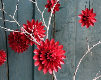 Candy Red Foil Paper Dahlias, Holiday Gift Set, Paper Flowers, 6 Holiday Ornaments, One of a Kind Handmade, Origami Paper Flowers