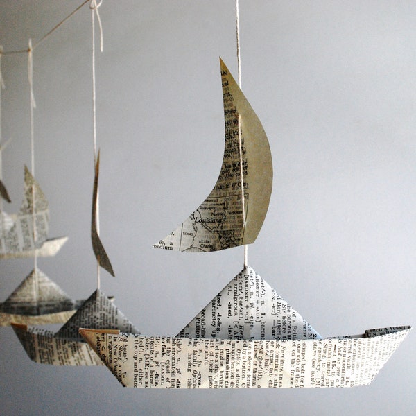 Paper Boat Garland, Dictionary pages, Party Decor, 5 Fun Paper Boats with sails, Bon Voyage Ornament, Travel Decoration