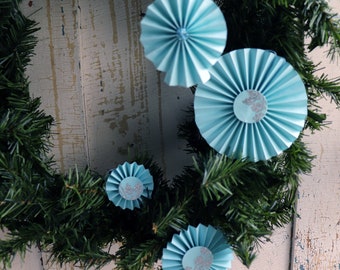 Sky Blue Paper Ornament Holiday Gift Set, 15 Origami Rosettes Ornaments with Glitter designs, Handmade and One of a Kind