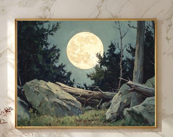 満月の松の木の油絵：夜の森のインパストアート（8x8インチ） - Etsy 日本