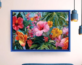 Vibrant Tropical Flowers Canvas, Lush Exotic Jungle Art, Wide Pink Hibiscus Floral Print