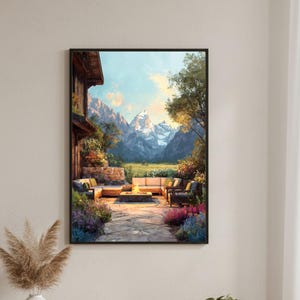 Alpine Valley Fire Pit Canvas Print | Snow-Capped Mountain Landscape Painting (Digital Painting)