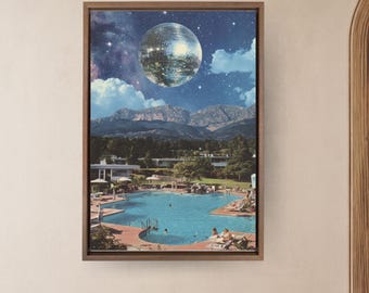 Retro Disco Ball Pool Collage Art, 1970s Alpine Hotel Surreal Print