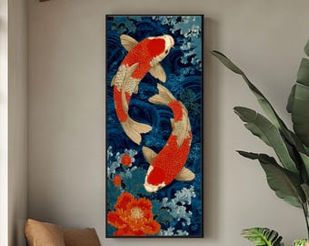Japanese Koi Print | Traditional Orange Red Carp Art | Dark Blue White Watercolor Canvas