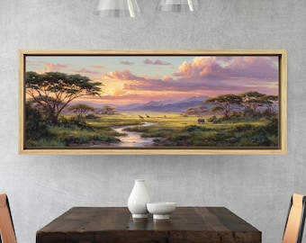 Afrikanische Savannah Sonnenuntergang Panorama Leinwand, Elefant und Giraffe Natur Gemälde, Akazie Baum Landschaft Wandkunst, Safari Fluss Sonnenuntergang Druck