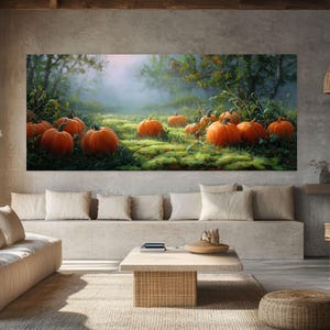 Thomas Kinkade Style Pumpkin Patch Panoramic Canvas Art, Misty Morning Oil Painting