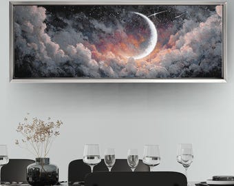 Mystical Moon Panoramic Canvas Print, Night Sky Oil Painting Wall Art, Celestial Cloudscape, Horizontal Luxury Decor