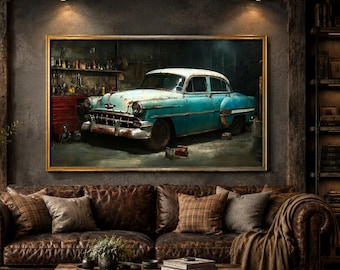 May include: A rectangular wall art print featuring a vintage teal and white sedan parked inside a cluttered garage, displayed in a gold frame. The artwork depicts a weathered car with rust spots, chrome bumpers, and a white roof, set against a dark background.