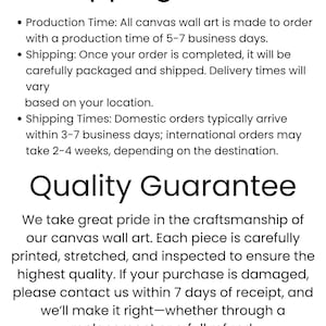 May include: Text on a white background reads "Shipping Details" and "Quality Guarantee". Details include production time, shipping information, and a quality guarantee for canvas wall art.