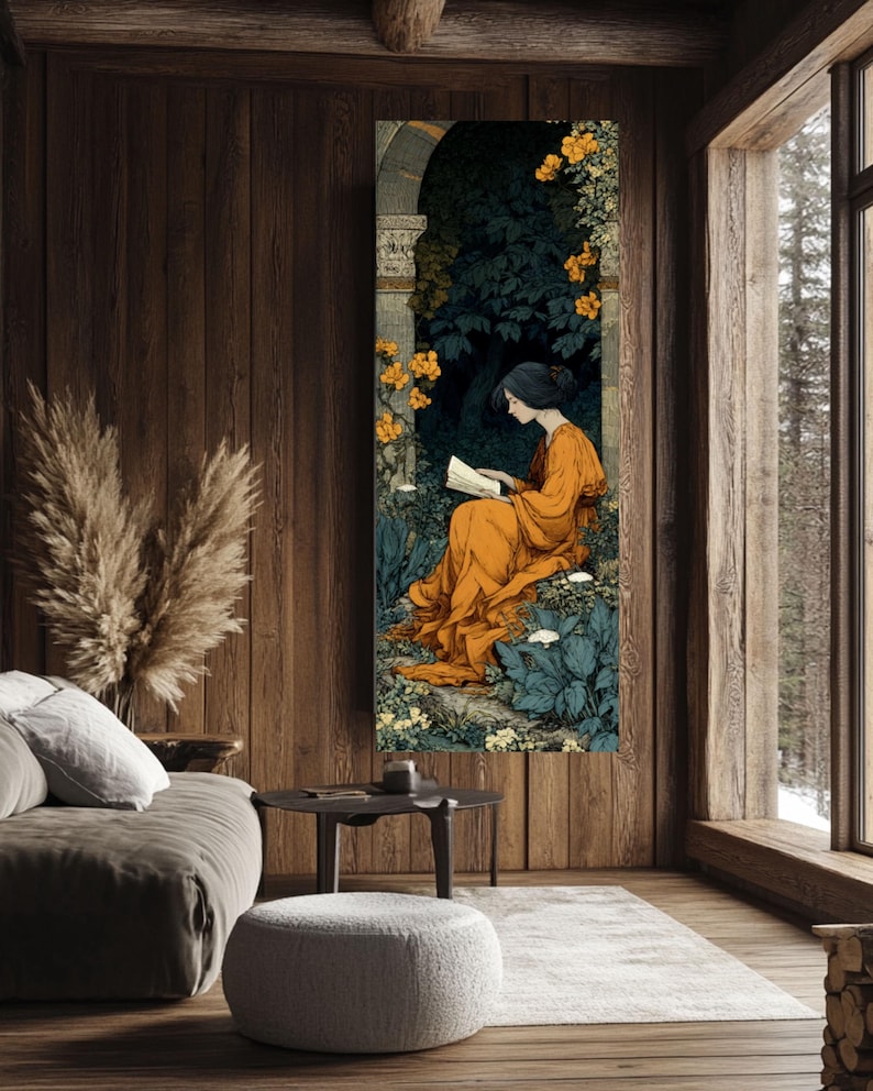 May include: A vertical rectangular wall art print featuring an illustration of a figure in a flowing orange robe sitting and reading a book within a dark stone archway surrounded by lush green foliage and vibrant yellow flowers in a forest setting.