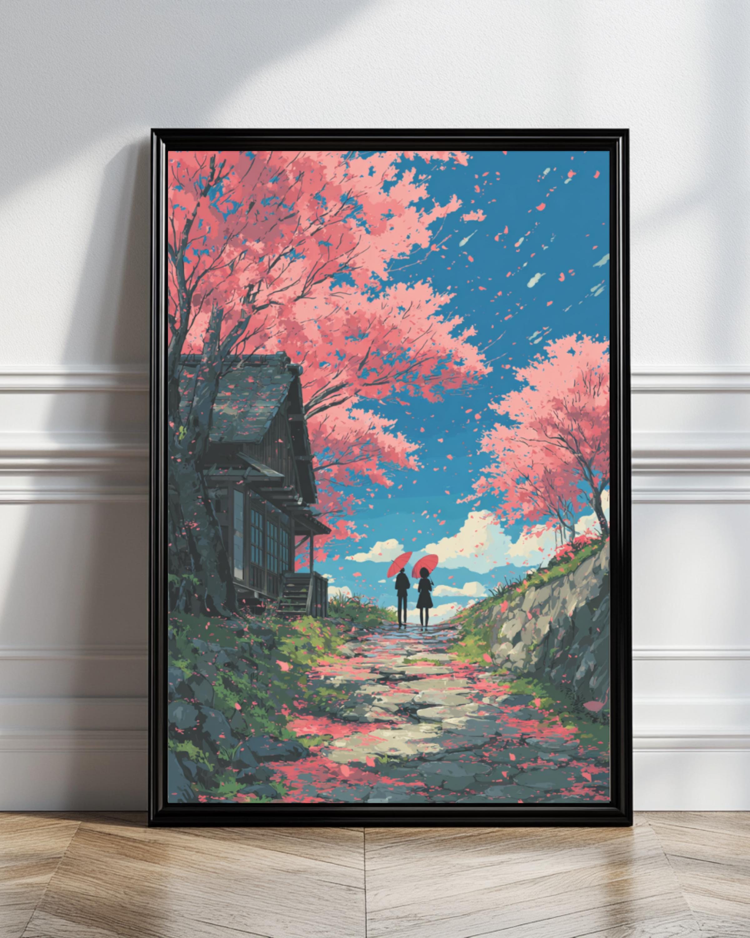 MAKOTO style 17：デザイン・ポスター Makoto Shinkai Style Print, Cherry Blossom Couple Anime Art, Tall