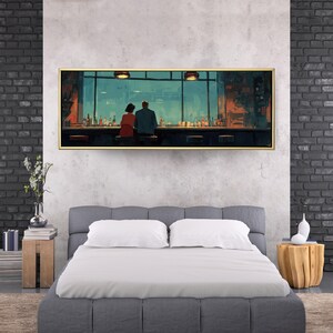 Panoramic Moody Bar Couple Art, Wide Cinematic Nightclub Print, Sleek Graphic Illustration