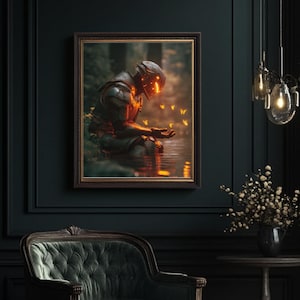 May include: A framed print showing a futuristic figure in armour, lit with orange light, seated by water, with glowing butterflies. The artwork hangs on a dark green wall, with a velvet chair and decorative lighting in the background.