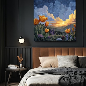 May include: A canvas print depicting a vibrant landscape with orange tulips, purple wildflowers, and a sunset. The artwork features a dramatic sky with fluffy clouds and a warm, golden glow. The print is displayed above a bed with brown headboard.