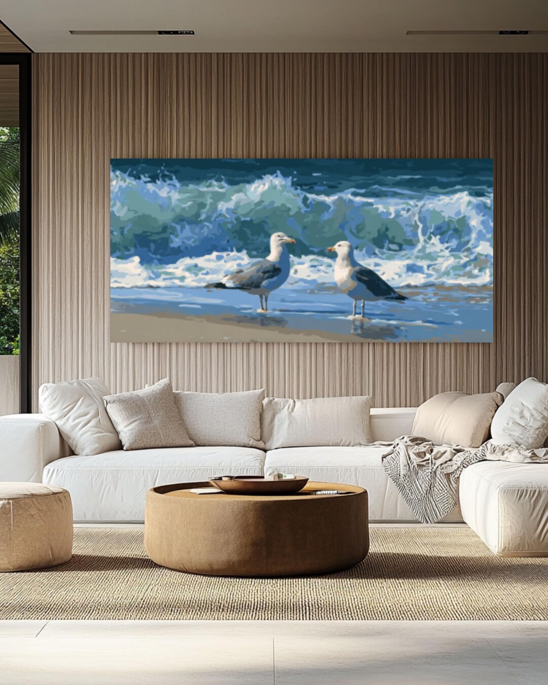 Panoramic Seagull Beach Acrylic Painting, Coastal Ocean Wave Canvas Art ...
