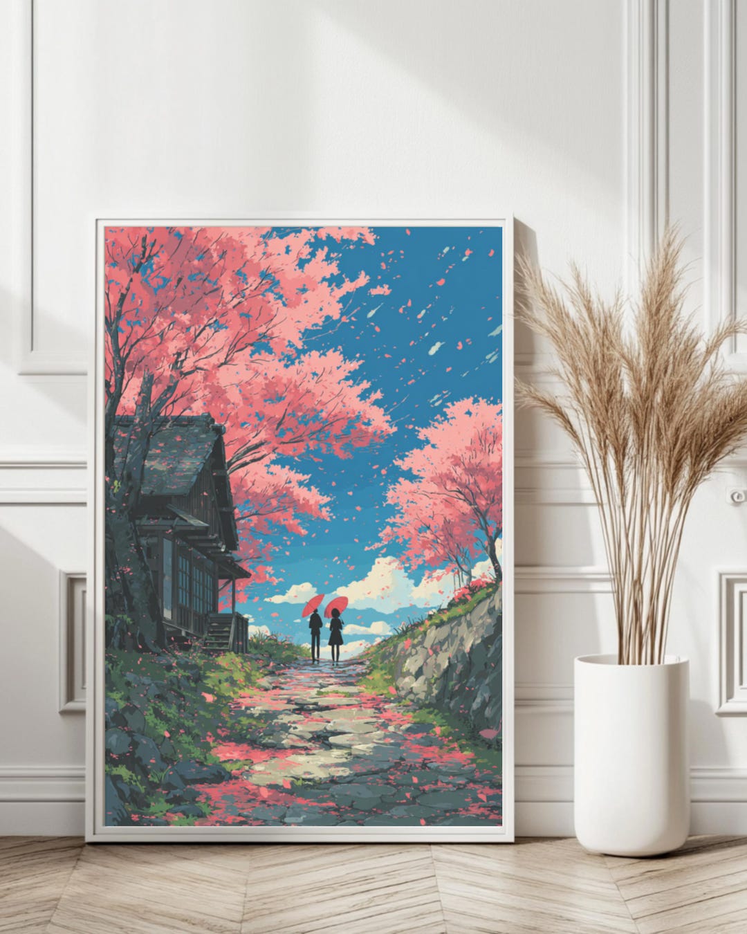MAKOTO style 17：デザイン・ポスター Makoto Shinkai Style Print, Cherry Blossom Couple Anime Art, Tall