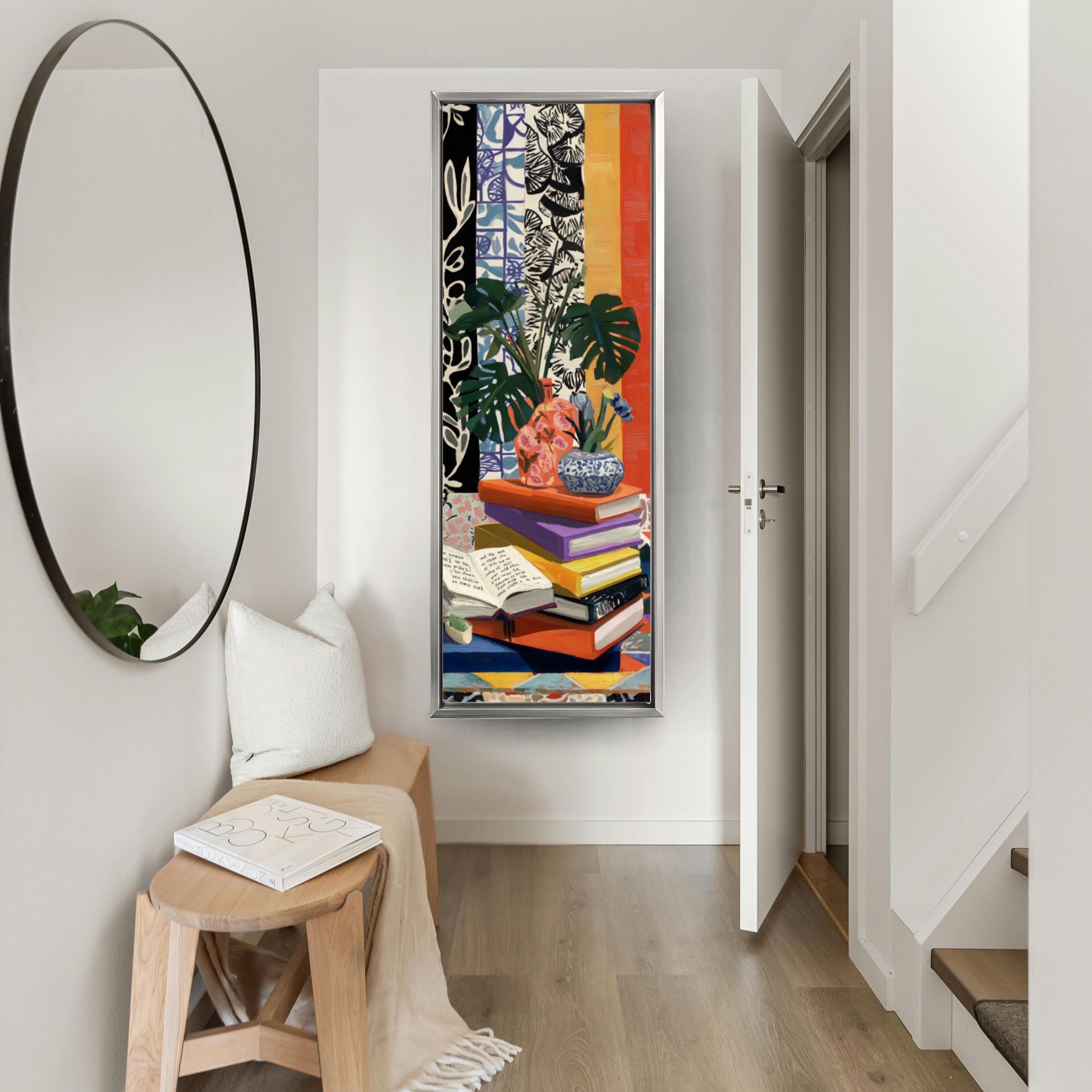 マルチファブリック(マティス)Still Life 150x100 Matisse Still Life Canvas | Narrow Vertical Books & Plant Print