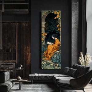 May include: A vertical rectangular wall art print featuring an illustration of a person with dark hair wearing a long orange robe, sitting and reading a book within a stone archway surrounded by dark green foliage and clusters of yellow flowers.