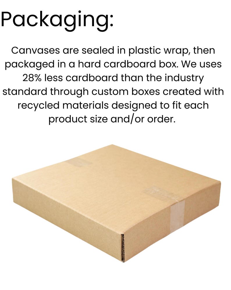 May include: A rectangular, light brown cardboard box, likely for shipping. The text "Packaging:" is at the top, followed by details about the packaging process, including the use of recycled materials and custom box sizes.