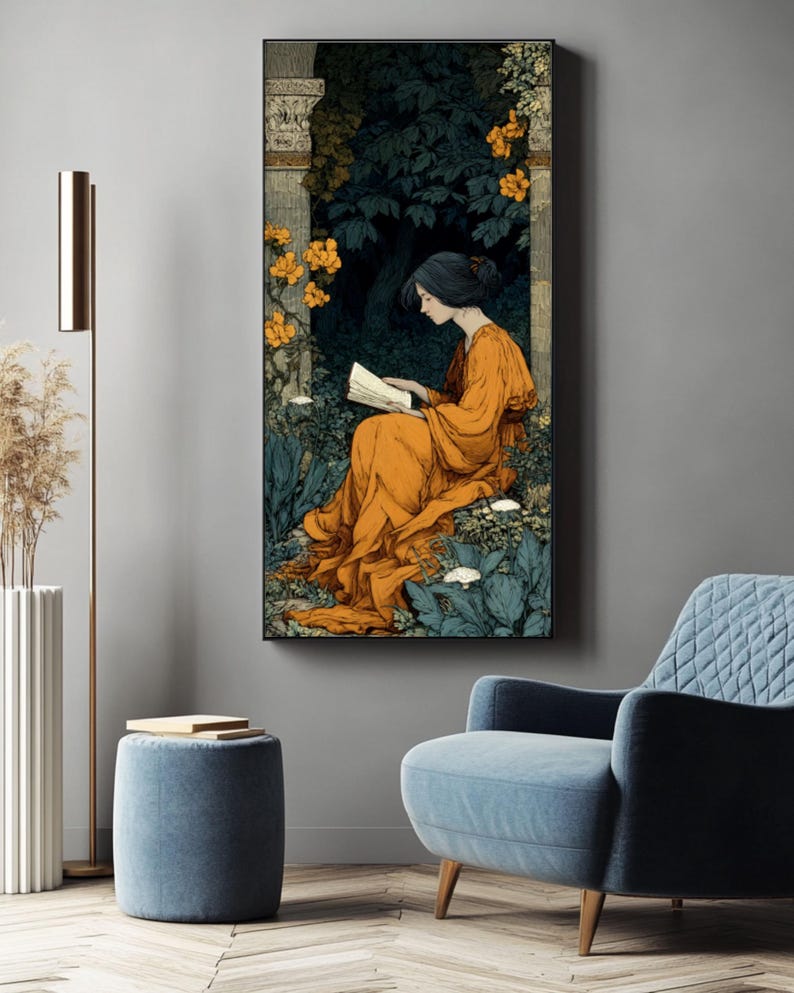 May include: A vertical rectangular wall art print featuring an illustration of a figure in a flowing orange dress sitting in a dark, lush garden setting while reading an open book. The scene includes stone pillars, dark green foliage, and bright orange flowers.
