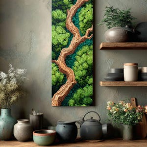 May include: A vertical canvas art piece featuring a detailed aerial view of a forest with a winding, textured, brown tree trunk. The forest canopy is a vibrant green, with a teal river running through it. The artwork is displayed in a kitchen setting.