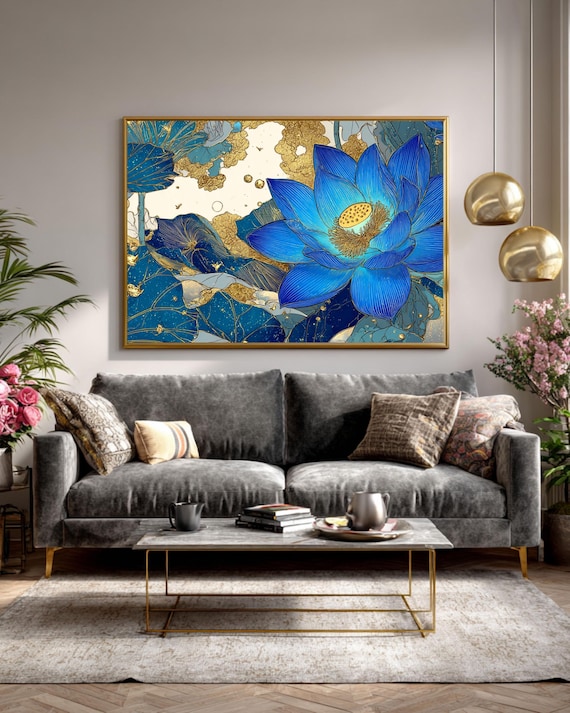Blue Lotus Gold Foil Canvas Print, Teal Botanical Wall Art, Asian Floral Decor, Elegant Lotus Flower Artwork