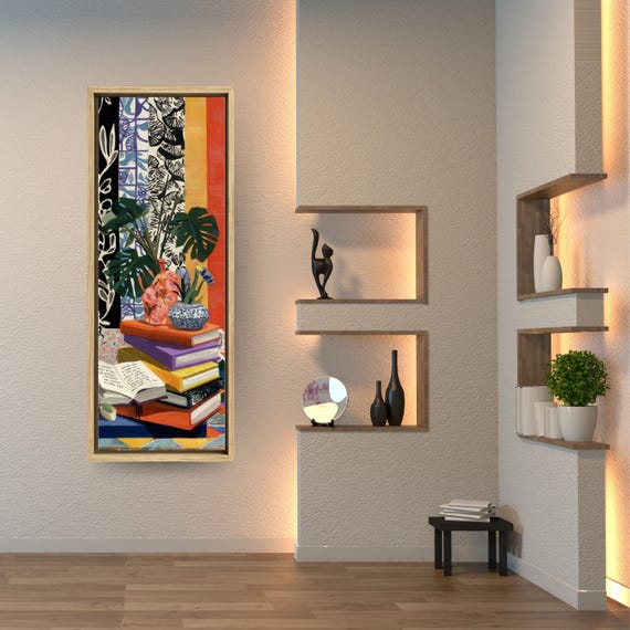 マルチファブリック(マティス)Still Life 150x100 Matisse Still Life Canvas | Narrow Vertical Books & Plant Print