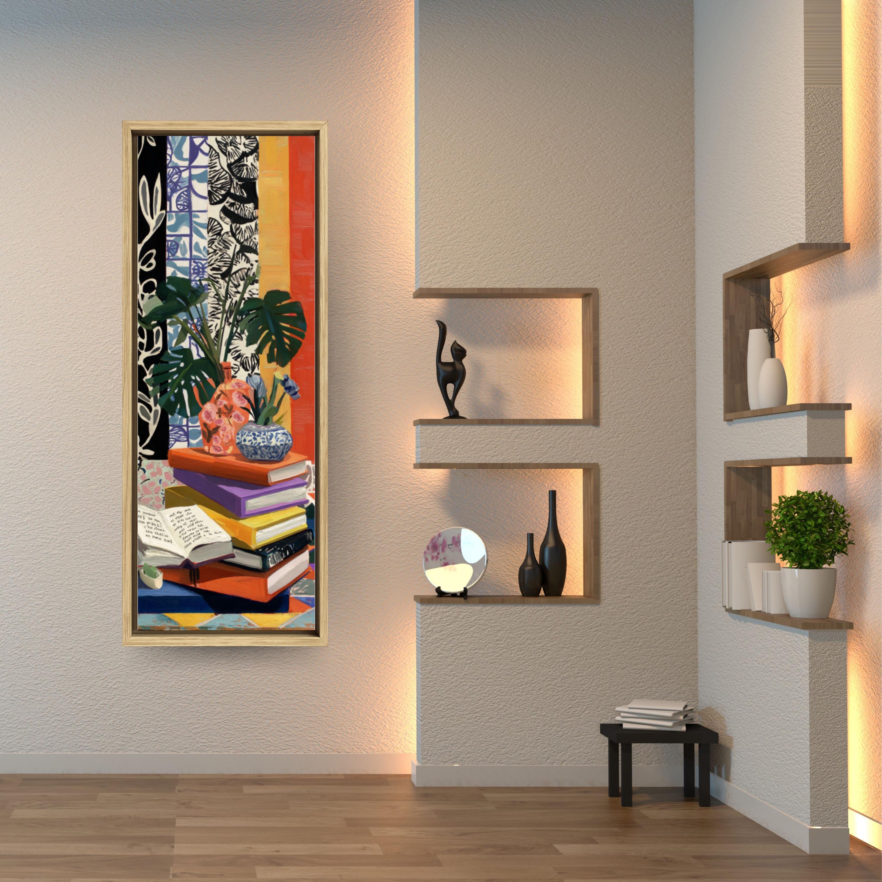 マルチファブリック(マティス)Still Life 150x100 Matisse Still Life Canvas | Narrow Vertical Books & Plant Print