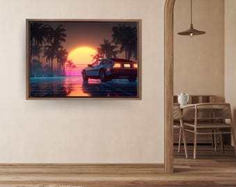 Synthwave DeLorean Canvas Art | 80s Miami Neon Sunset Print | Digital Grid Retro-Futurism