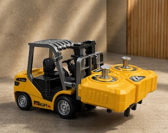 May include: A yellow toy forklift with black accents and a remote control. The forklift has the word "POWER" and "FORKLIFT" printed on it. The remote control is yellow with two silver joysticks.