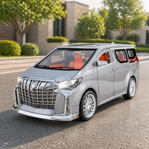 May include: A silver minivan with an orange interior. The vehicle has a chrome grille and trim, and is parked on a paved road. The headlights are on, and the wheels have a detailed design. The background includes trees and a house.