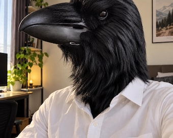 May include: A realistic raven mask featuring dense black faux fur, a prominent dark beak with visible nostrils, and a lifelike eye. The mask is worn over a crisp white button-down shirt, covering the head and neck area with detailed plumage.