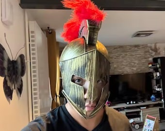 May include: A gold and black distressed finish Spartan-style helmet featuring a prominent, bright red feathered crest on top. The helmet has a T-shaped face opening that exposes the eyes and nose, with a rigid structure and metallic appearance.