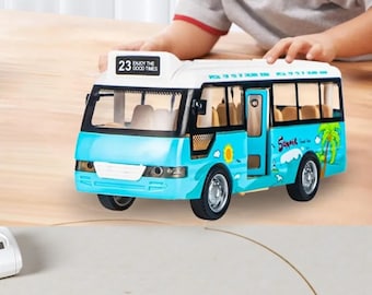 May include: A blue and white toy bus with black windows and silver wheels. The bus has the text "Enjoy the Good Times" and "Summer" with a palm tree graphic. The bus is on a wooden surface.