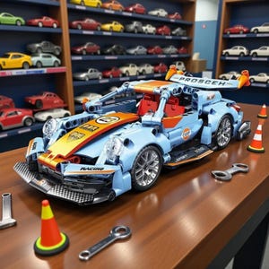 May include: A light blue and orange race car model with the word "RACING" on the front. The model has silver wheels and is surrounded by toy tools and traffic cones. Shelves of toy cars are in the background.