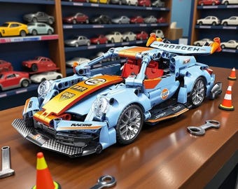 May include: A light blue and orange race car model with the word "RACING" on the front. The model has silver wheels and is surrounded by toy tools and traffic cones. Shelves of toy cars are in the background.