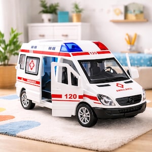 Könnte beinhalten: Ein weißer Spielzeug-Krankenwagen mit roten und blauen Lichtern auf dem Dach. Das Spielzeug hat die Nummer "120" an der Seite und vorne, und das Wort "AMBULANCE" ist auf der Vorderseite aufgedruckt. Die Türen sind geöffnet.