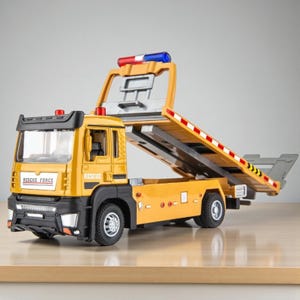 May include: Yellow and black toy tow truck with the words "RESCUE FORCE" on the front. The truck has a lifting bed with red and white stripes and a red and blue light bar on top. The truck is on a wooden surface.