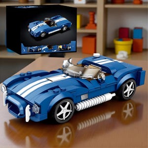 May include: A blue toy car constructed from building blocks, with white racing stripes and silver wheels. The car has a clear windscreen and a detailed interior. A box with an image of the car is visible in the background.